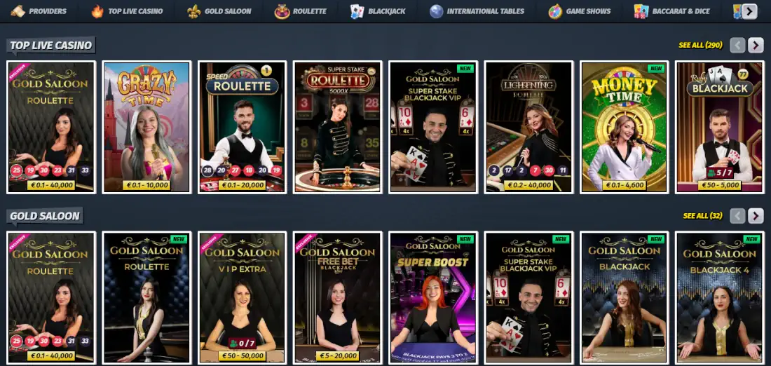 Jeux de casino en direct AllySpin et hall de jeux de table.